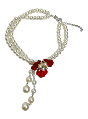 复古风红色花朵珍珠项链女款甜美长款流苏耳环轻奢小众两件套配饰