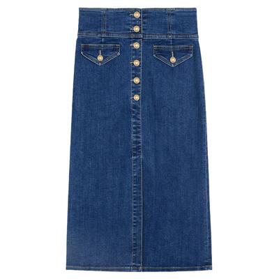 固执春季新款学院风高腰开衩排扣中长牛仔a字裙32251BQ07937