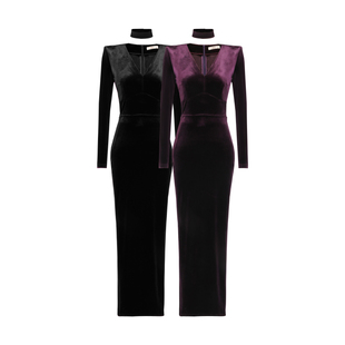 XULU原创进口韩国纯色丝绒领圈时尚气质修身直角肩长袖V领连衣裙