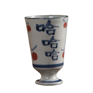 景德镇陶瓷手绘复古粗陶高脚杯青花手握茶杯小富婆手作主人马克杯