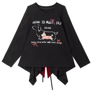 KEIKO 俏皮感黑色长袖t恤女2025早秋前长后短宽松显瘦蝴蝶结上衣