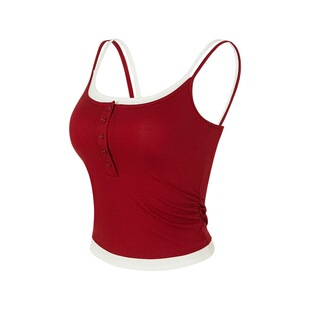 红色带胸垫吊带瑜伽背心女内搭秋新款外穿假两件打底无袖小上衣