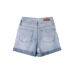 出口欧美单弹力高腰四分裤宽松腿卷进边牛仔裤春夏阔腿女短裤