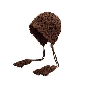川西旅游废土风手工钩织针织帽镂空花朵流苏包头帽蕾丝大号大码
