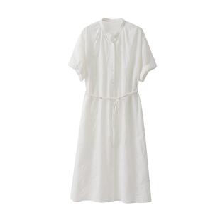 POPCHRIO欧可芮◆两穿V领衬衫短袖连衣裙气质白色宽松收腰裙子女