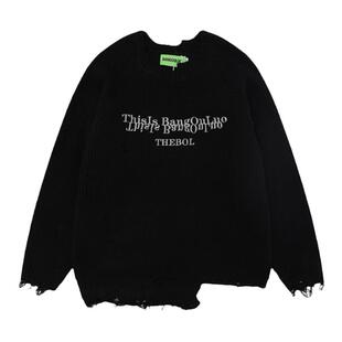美式潮牌破洞毛衣女宽松中长款秋冬oversize高街不规则套头针织衫
