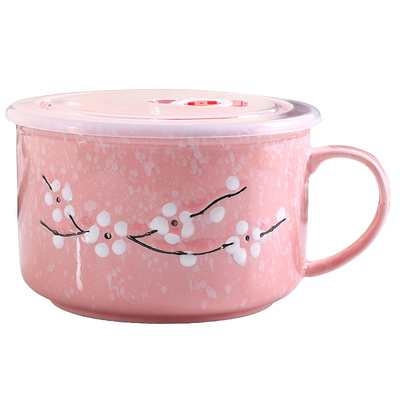 陶瓷梅花泡面碗带盖带手柄密封