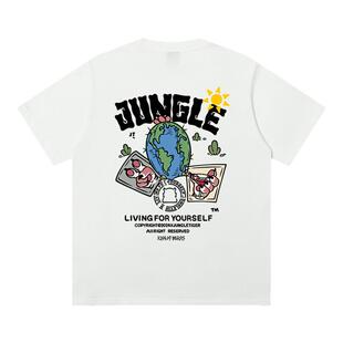 丛林老虎原创嘻哈虎系列仙人掌印花短袖街头涂鸦纯棉重磅T恤男女