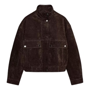 ZA外贸出口美式工装口袋饰皮革反绒飞行员夹克外套上衣女3046258