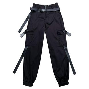 韩版直筒高腰工装裤女束脚黑色jazz跳舞裤子嘻哈街舞服装显瘦潮牌