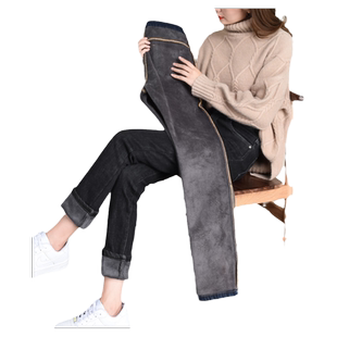 高腰加厚加绒牛仔裤女直筒宽松秋冬季大码外穿胖mm弹力显瘦保暖棉