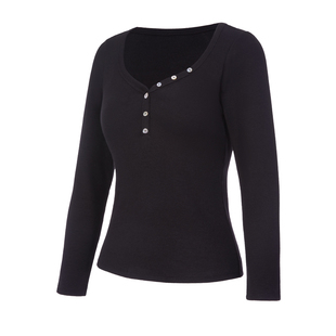 歌力诺长袖T恤女自带胸垫黑色亨利领内搭打底衫外穿早秋修身上衣