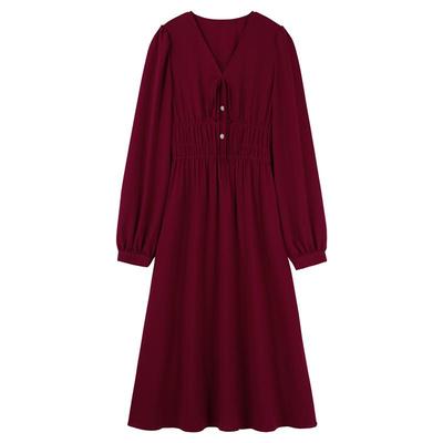 秋水伊人奥莱优雅红色裙子秋新款女装气质V领抽褶显瘦长袖连衣裙