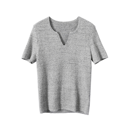 淘么淘 解锁多元化穿搭 亚麻羊毛合身剪刀领/小立领短袖针织T恤女