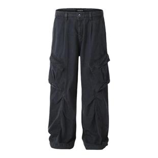 XBRO美式复古多口袋宽松高级显瘦解构褶皱阔腿弯刀工装裤休闲裤bf