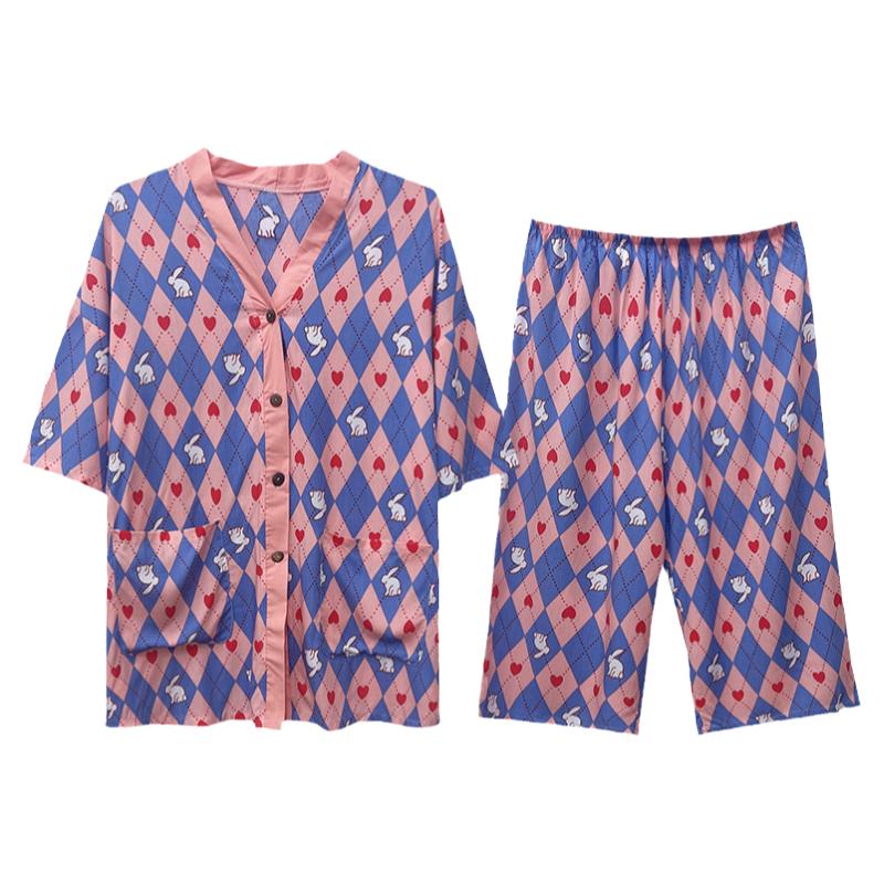 女绵绸卡通V领大码睡衣套装夏季