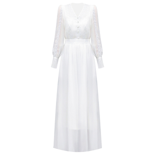白色雪纺连衣裙女春装新款名媛V领蕾丝长款裙子修身显瘦沙滩裙仙