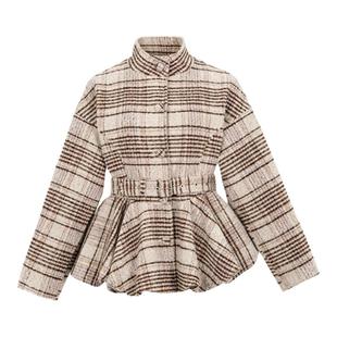 dorydory格纹毛呢花苞外套收腰小立领毛呢短外套秋冬短款大衣