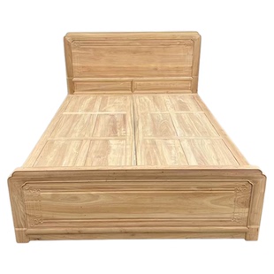 新中式单人实木床1米5北方老榆木家用卧室双人床储物带抽屉床白茬