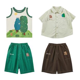 幼悠男童夏季新款无袖背心宽松半袖衬衫五分裤森林乐园系列套装潮