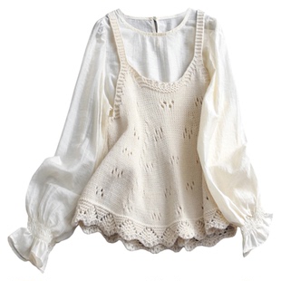 甜美俏皮镂空针织背心叠穿两件套2025秋季新款长袖减龄女衬衫B140