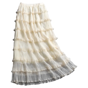 纯色松紧腰层叠蛋糕裙显瘦a字百褶裙网纱裙气质优雅女半身裙Z930