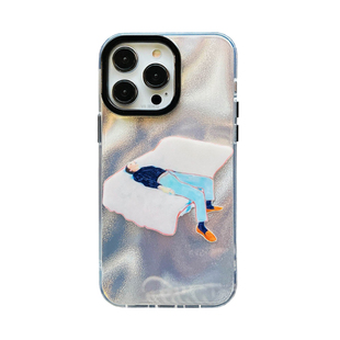 躺平艺术适用苹果16pro max手机壳懒人iPhone15pro双层覆膜14pm插画13镭射趣味16新款15防摔按键凸起新保护套