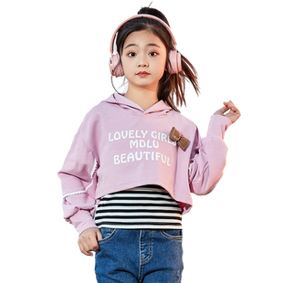 女童针织套装2026春中小童卫衣两件套字母印花连帽短装外套+背心