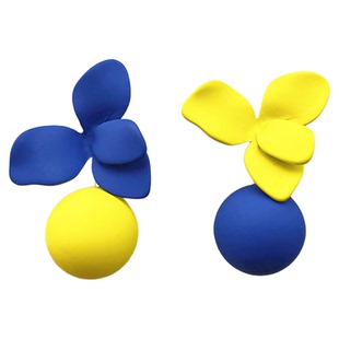 s925银针不对称黄色花朵耳钉轻奢高级感大气夏季耳环撞色蓝色耳饰