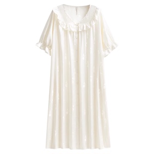 悦内带胸垫睡裙女款睡衣夏季夏天冰丝绸短袖宽松大码长款白色裙子