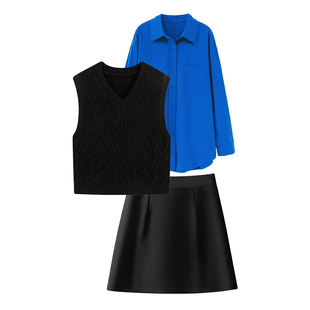 小个子盐系穿搭一整套女秋冬大码学院风针织麻花马甲衬衫三件套裙