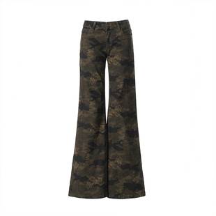 300斤特大码美式迷彩阔腿牛仔裤女胖mm高腰修身显瘦马蹄喇叭裤子