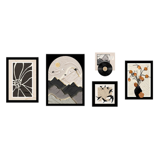 背有靠山客厅装饰画寓意好沙发背景墙挂画黑白山水组合壁画中古风