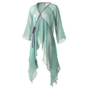 古典舞青蛇交叉领系带青绿色中国风舞纱衣飘逸女戏剧舞蹈服表演服