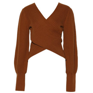 DPLAY2025秋季新款法式卡其色毛衣女修身好看气质短款针织衫上衣