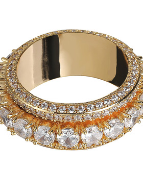 欧美INS爆款五排锆石可旋转指环镶嵌满锆石嘻哈情侣个性旋转戒指