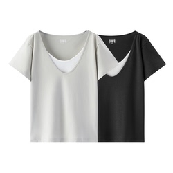 森马棉麻假两件拼色U领短袖T恤女