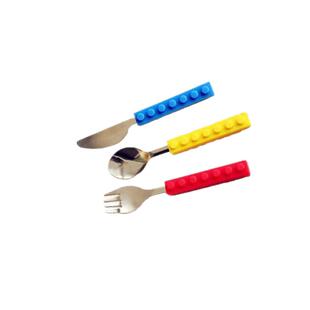创意不锈钢餐具硅胶手柄刀叉勺子西餐牛排儿童积木造型三件套装