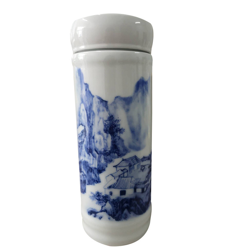 景德镇陶瓷保温杯带盖青花瓷茶杯双层内胆过滤网办公泡茶礼品水杯