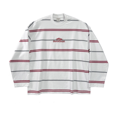 Aurocean 定制少年感宽条纹长袖T恤 320克重磅纯棉刺绣宽松大版t