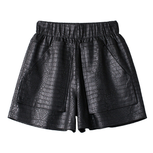 2025秋冬新款真皮皮裤女短裤鳄鱼纹宽松显瘦阔腿裤松紧腰外穿靴裤