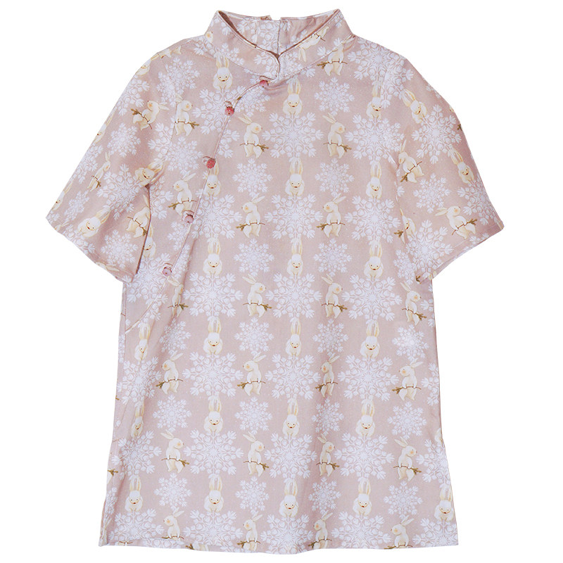 毛小姐春秋玉兔图案旗袍礼服全棉