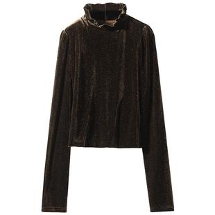 【折扣季】COCOBELLA优雅木耳边半高领亮片丝绒长袖衬衫TS7066