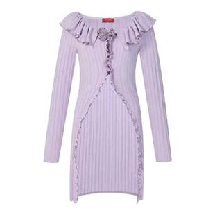 lefame拉飞姆紫色玫瑰花边长款针织开衫长外套