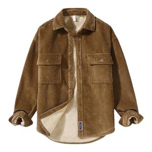 男士加绒灯芯绒工装衬衫冬季加厚保暖上衣复古阿美咔叽衬衣外套潮