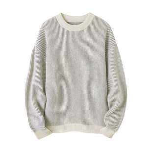THESSNCE 重磅蓬松暖绒纯羊毛立体间色坑条 套头毛衣针织衫男冬季