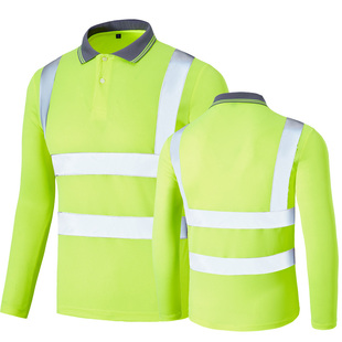 速干新款翻领长袖建筑施工道路环卫安全服工地服反光现货四季T恤