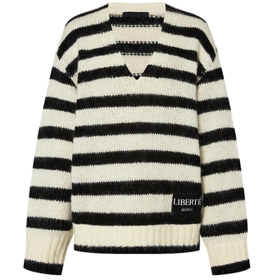 MOCO含马海毛大V领条纹针织衫