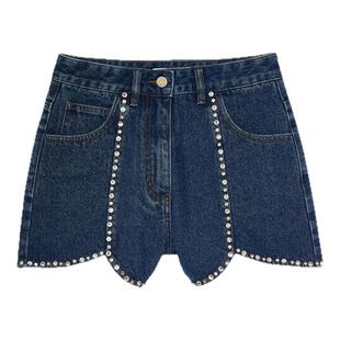 季末7折SANDRO2025秋冬新款女装法式扇形边仿钻复古棉质牛仔短裤