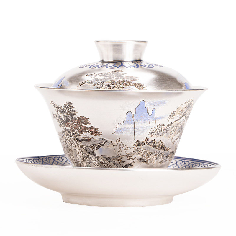 鎏银山居图三才盖碗功夫茶具
